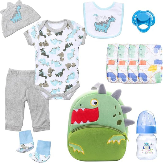 12 Pcs Reborn Baby Dolls Clothes with Backpack for 17-22 Inch Reborn Newborn Doll Clothes Dinosaur Outfits Accessories Baby Boy Doll Clothes Diaper +Bottle+Pacifier