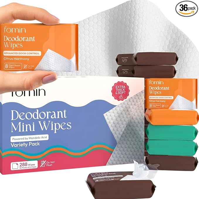 FOMIN Acidified Travel Deodorant Mini Wipes For Women & Men- Variety Pack - 288 Count - pH Balanced, Biodegradeable Mini Deodorant Travel Size Wipes - Plastic-Free, Underarm Body Wipes