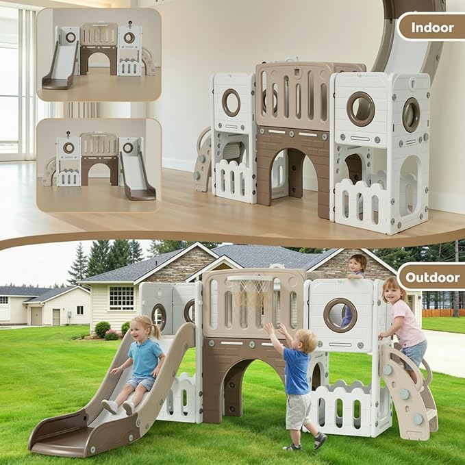 Arlopu 9 in 1 Toddler Slide Set, Kids Large Climber Slide Playset w/Long Slope, Telescope, Storage Space, Enclosed Steps, Indoor Outdoor Playground (Beige & Brown)