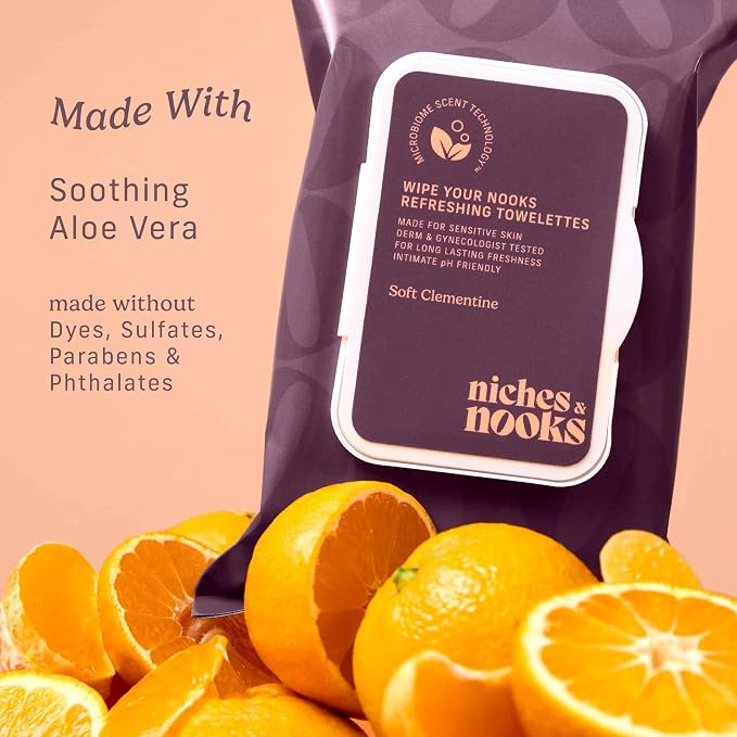 Niches & Nooks pH Balanced Aloe Vera Feminine Flushable Wipes for Women with Sensitive Skin – Soft Clementine – Odor Neutralizing – Daily Intimate Flushable Feminine Hygiene Wipes – Vegan – 45 Ct.