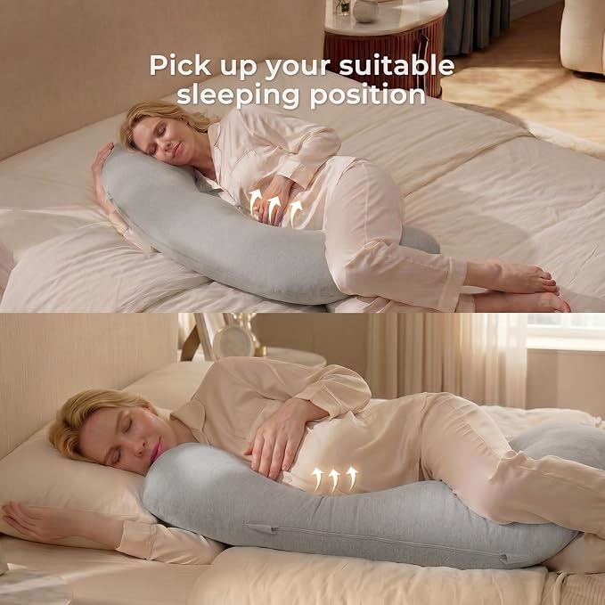 Momcozy Pregnancy Pillows for Side Sleeping, J Shaped Maternity Body Pillow for Pregnancy, Soft Pregnancy Pillow with Cotton Cover for Head Neck Belly Support, Gray
