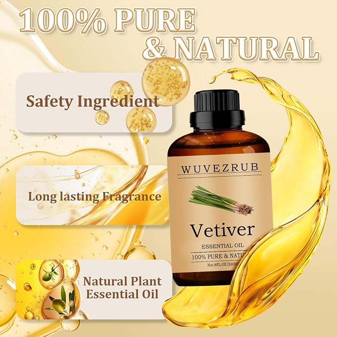 Vetiver Essential Oil 240ML - 100% Pure and Natural Oils for Aromatherapy Diffuser - 8 Fl Oz/Vetiver