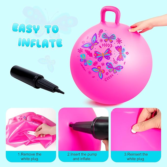 PlayZap Hopper Ball for Kids 6-12,20 Inch Pink Bouncy Ball with Handle, Inflatable Hippity Hop Bounce Hopping Toys Indoor Outdoor for Boys Girls Gifts, Butterfly