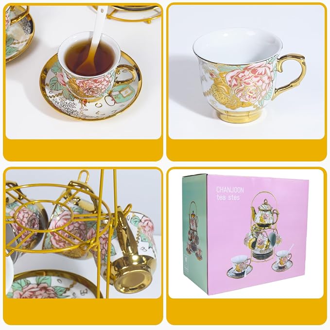 CHANJOON Gold Plated Red Rose Ceramic Tea Set, Vintage Tea Sets with Teapot, Beautiful Tea Set Coffee Serving 6 People (Golden, Medium)