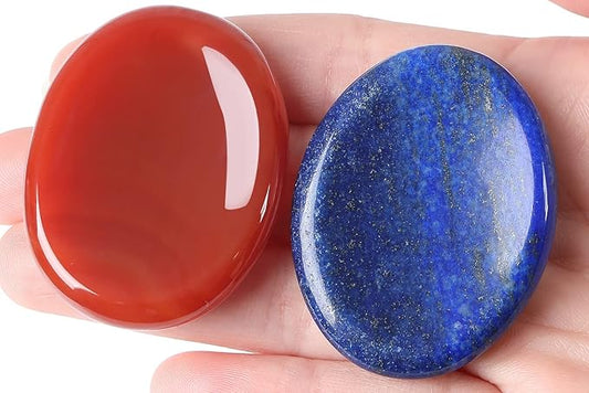 2PCS Worry Stone for Anxiety Red Carnelian Agate Lapis Lazuli Healing Crystals Hand Carved Thumb Stones Pocket Gemstones Meditation Oval Shaped Crystal Natural Reiki Relax Palm Stone Therapy Relief
