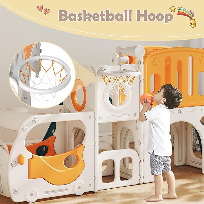 kinbor 9 in 1 Toddler Slide Set - Kids Slide with Basketball Hoop, Bus-Themed PlaySet with Easy Climb Stairs & Storage, Toddler Indoor Outdoor Playground