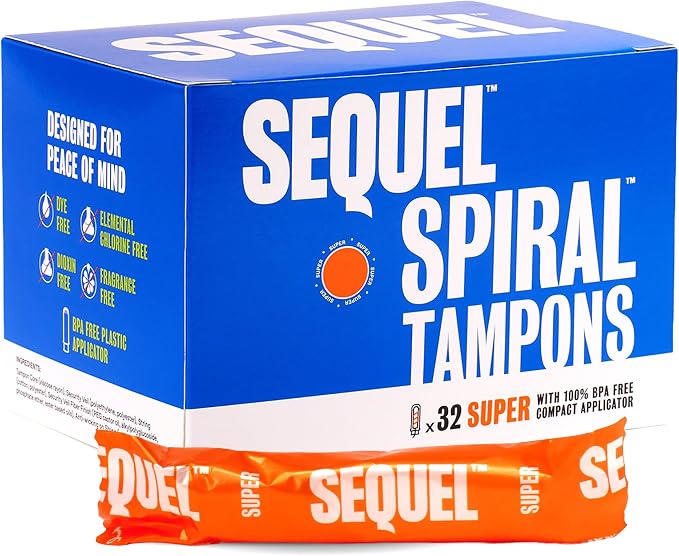 Sequel Spiral Tampons for Women, Super Absorbency, 32 Count, Patented Helical Design, BPA Free Compact Plastic Applicator, Dye Free, Fragrance Free, Unscented