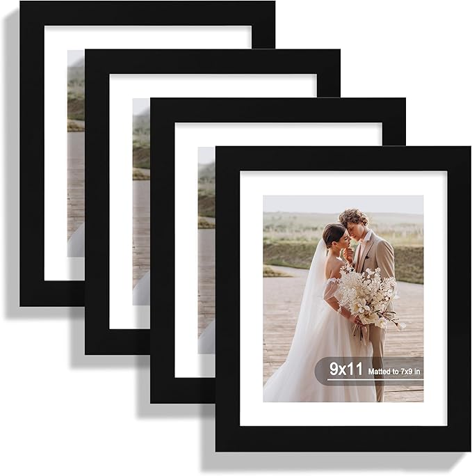 Hongkee 9x11 Picture Frame Set of 4, Made of Real Glass and Black Frame - Display Picture 7x9 with Mat or 9x11 Without Mat, 9 by 11 Photo for Wall or Tabletop