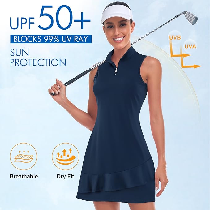Viracy Tennis Dress for Women Sleeveless Golf Dresses with Shorts and Pockets Ruffle Zip Up Stand Collar Golf Outfits