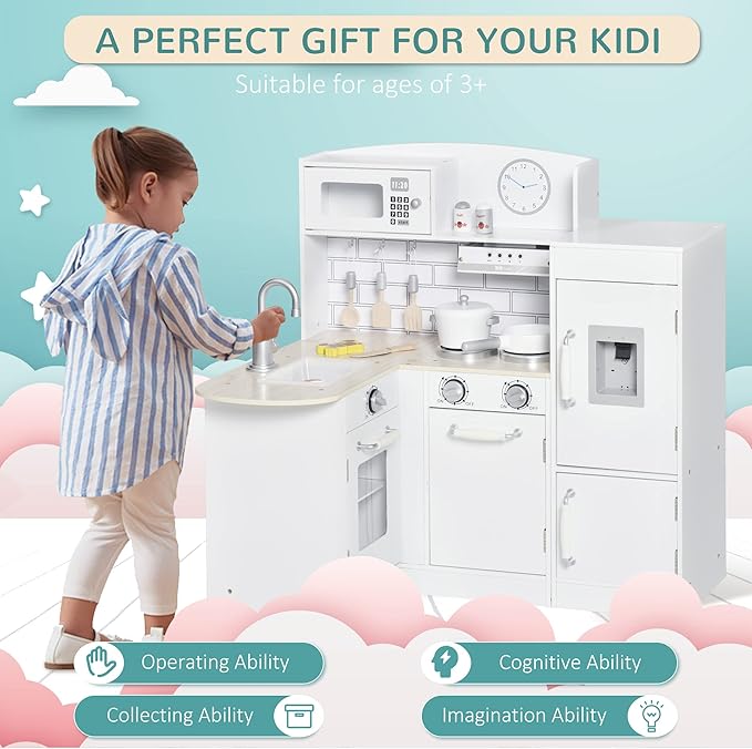 Qaba Corner Kids Kitchen Playset, Wooden Pretend Toy Kitchen Set with Drinking Fountain, Microwave, Fridge and Accessories, Pretend Play Kitchen for 3+ Years, White