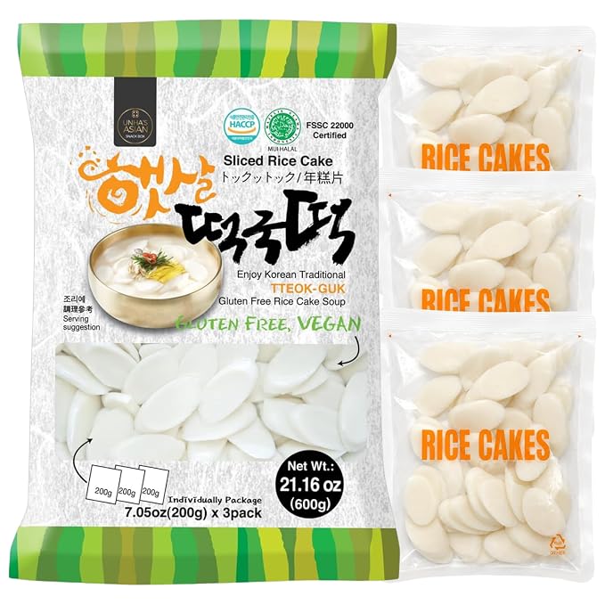 Unha's Korean Sliced Oval Rice Cakes, Tteokguk Tteok, 21.16 oz 1 Pack | Sliced oval rice cakes for tteokguk soup