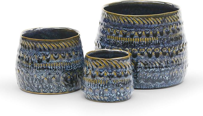 WGV Ceramic Vase, Width 4.75", Height 3.75", Dark Blue Kano Pot, Textured Antique Pattern Planter Dome for Wedding Event Office Home Decor, 1 Piece