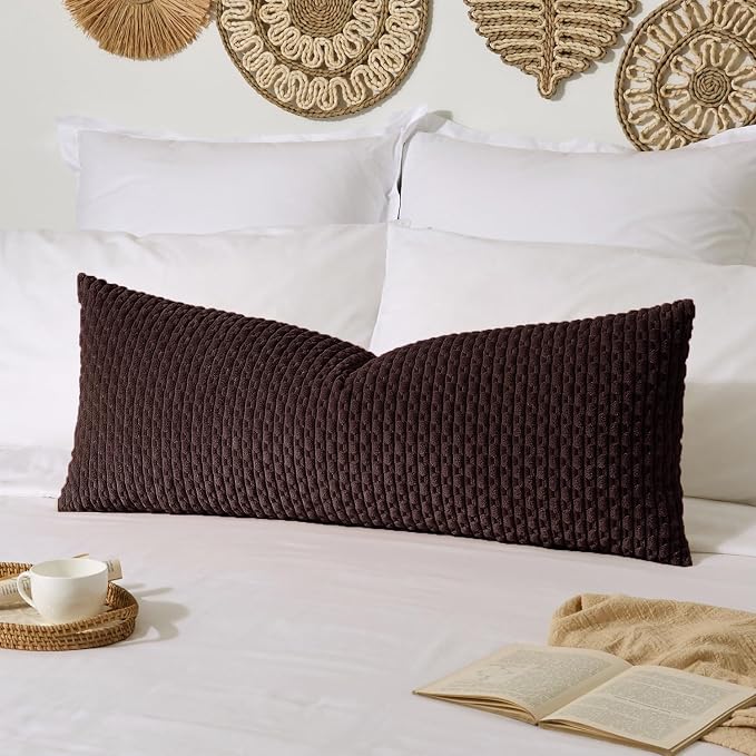 Kevin Textile Soft Corduroy 14"x36" Lumbar Pillow Cover 1 Pack, Coffee | Boho Stripe Plush Corduroy Decorative Oblong Cushion Cover Modern Farmhouse Home Decor for Sofa Couch Bed Chair