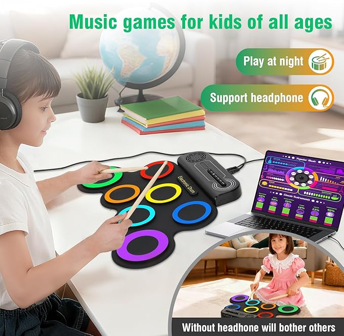 Electronic Drum Set, 7-Pad Kids Electric Drum Set Dual Stereo Speaker, MIDI. Portable Roll Up Drums Practice Pad for Kids, Perfect Birthday&Christmas Gift for Boys&Girls