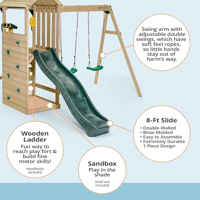 Plum Wooden Swing Sets for Backyard with Slide, Toddler Playground Playsets, Kids Outdoor Play Equipment, 2 Swings, Rock Climbing Wall, Telephone, Blackboard, Telescope, Sturdy, Weatherproof, Age 3+