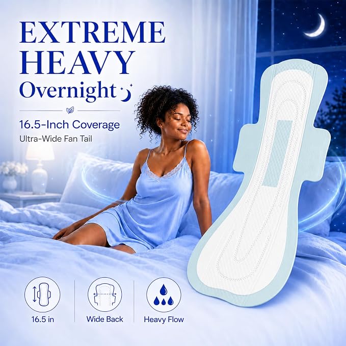 BST Mint Fresh Extra Heavy Overnight Pads for Women, Period Pads with Wings, Feminine Care, Ultimate Absorbency, Odor Control Sanitary Napkins（4 Count, Packaging May Vary）