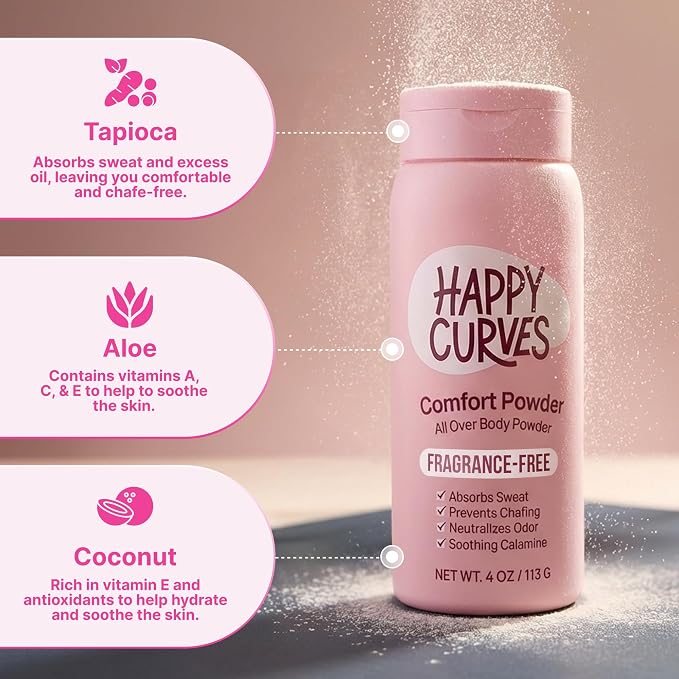 HAPPY CURVES Comfort Powder: Talc Free Anti Chafe Body & Foot Dusting Powder Deodorant to Control Inner Thigh Chafing, Private Areas, and All Over Body for Women (4 Ounce (Pack of 1), Fragrance-Free)