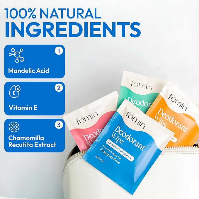FOMIN Acidified Travel Deodorant Wipes For Women & Men - 50 Count - Fragrance Free - pH Balanced, Mini Deodorant Travel Size Wipe - Plastic-Free, Individually Wrapped Underarm Body Wipes