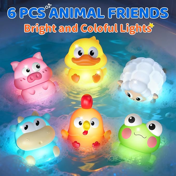 6 Packs Light Up Bath Toys for Kids Ages 1-3, Farm Animals Bathtub Toys for Toddlers 2-4, Water Pool Toys for 1 2 3 Year Old Boys Girls Babies 12-18 Months Gifts