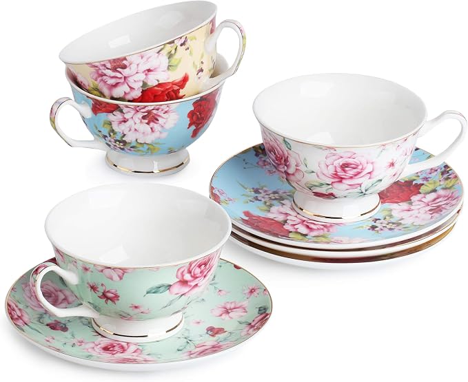 BTaT- Floral Tea Cups and Saucers Set of 4, 7 oz | Porcelain Tea Cup Set Assorted Colors Gold Trim Dishwasher Freezer Safe