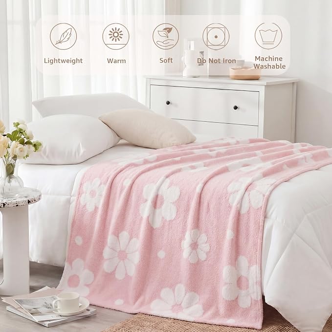 Soft Throw Blanket for Couch-Cozy Reversible Knitted Blankets | Lightweight Warm Fluffy Decor for Women, Mom, Her & Girls, Sofa, Chair, Bed, 50x60in, Daisy Floral Pink