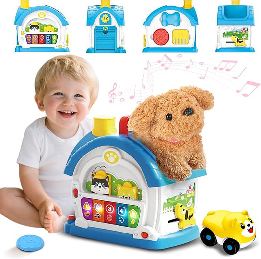Interactive Toys for 1 2 3 Year Old Boy Gifts, Baby Musical Toy House with Stuffed Puppy, Car, Learning Educational Toy for Toddler 1-3, Christmas Birthday Gifts for 1 Year Old Boy (Blue)