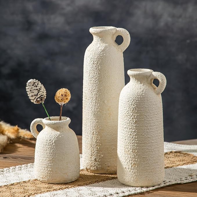White Ceramic Vase Set of 3, Modern Rustic Flower Vases, Matte White Bohemian Decor, Farmhouse Home Decor for Living Room Kitchen Table Centerpieces Bedroom Shelf