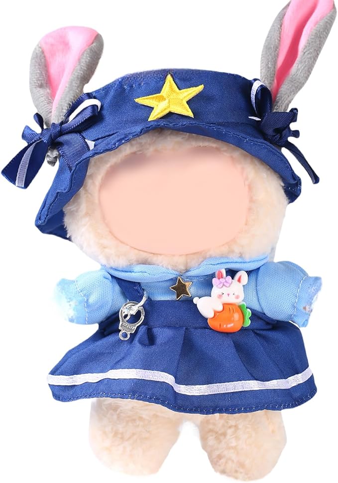 17cm Doll Clothes Set (No Doll) – Outfit with Hat & Overalls, Handmade Accessories for Mini Dolls, OB11-Compatible Dress-Up Gift (Rabbit Officer)