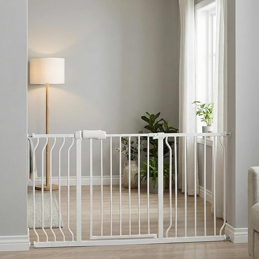 Extra Wide Baby Gate 53-57.5 Inch, Tension Mounted No Drilling, Auto Close Indoor Safety Gate for Stairs & Doorways - Metal Design for Kids and Pets, White