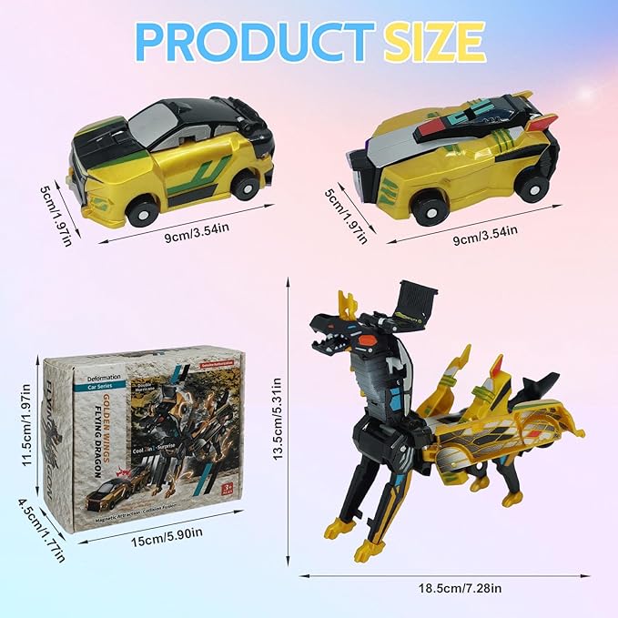 Dinosaur Collision Transforming Car Toy,Magnetic Cars Transform Into Dinosaurs,Transformation Car Toys For Boys & Girls With Transform Feature,Party Gift For Birthday,Christmas (Golden Dragon)