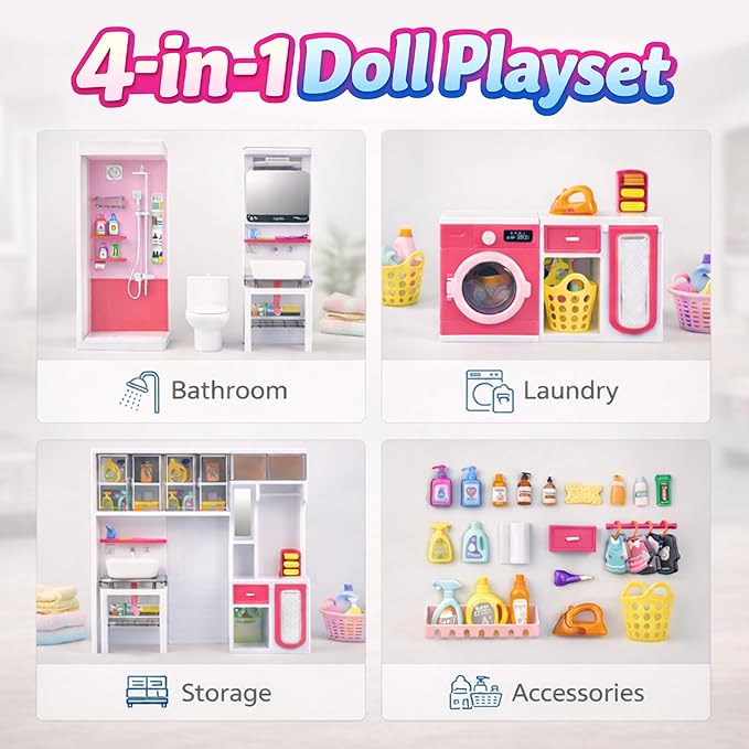 Doll Mini Bathroom Laundry Playset for Kids, House Furniture Pretend Play Toy Accessories Set with Realistic Lights & Sounds for Toddlers, Girls (4-in-1 Bathroom Set)