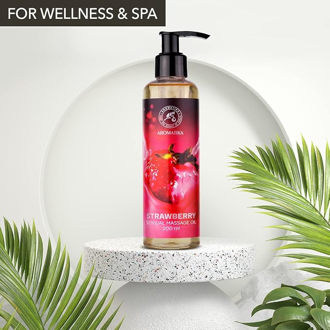 Sensual Massage Oil Strawberry 6.8 Fl Oz - Blend of Almond and Grapeseed Essential Oils - Edible & Kissable Massage Oil - Body Oil for Him & Her - for Couples - Gift - Relaxing Massage Oil