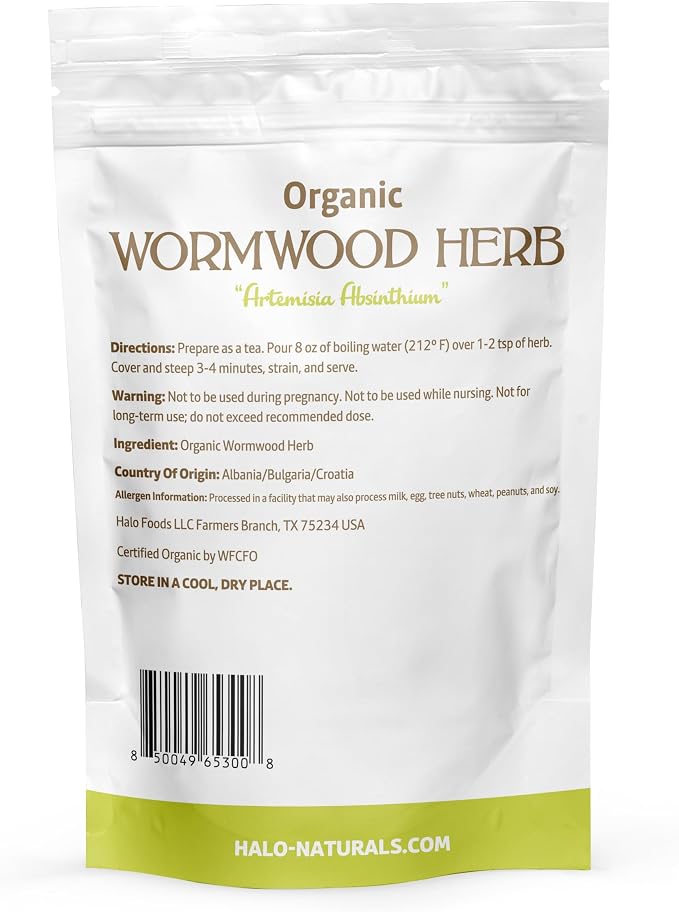 Halo Naturals Organic Wormwood Herb Cut & Sifted, 4 Ounces (Artemisia Absinthium) USDA Certified Wormwood Tea | Non-GMO | Vegan| Resealable Pouch| Packaged in The USA (Pack of 1)