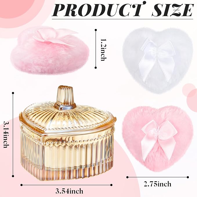 Tioncy 3 Pcs Large Body Powder Puff and Container Valentine's Day gift Powder Container with Puff Crystal Case Soft Washable Reusable Velour Face Body Glitter Wet Dry Makeup(Hammered Heart,Amber)