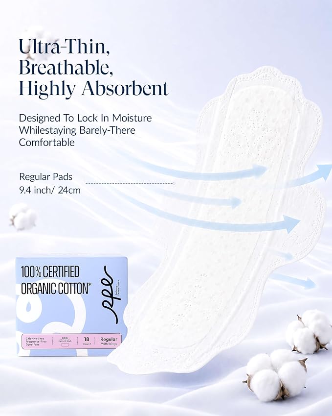 RPE Life 100% GOTS Organic Cotton Menstrual Pads with Wings, 54 Count | Bulk pack menstrual pads with wings; breathable, ultra thin comfort and reliable leak protection for sensitive skin.