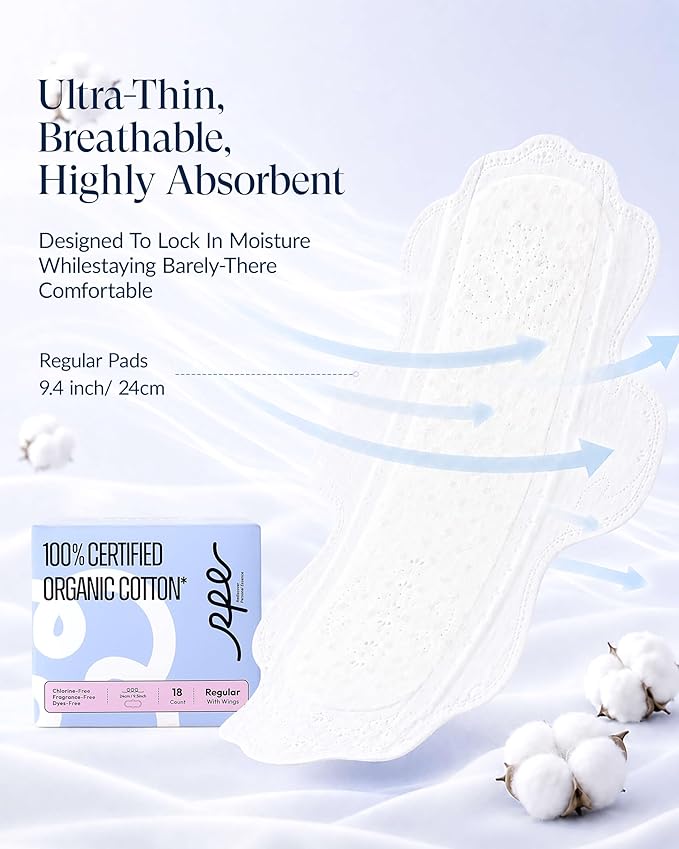 RPE Life 100% GOTS Organic Cotton Period Pads with Wings, Size 3, 18 Count | Ultra thin Size 3 pads with wings; fast absorption, breathable comfort, unscented daily period care for sensitive skin.