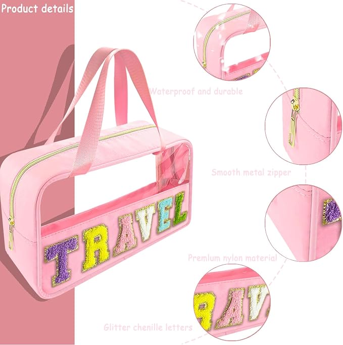 Bunliuys Chenille Letter Clear Makeup Bag Travel Patch, Travel Toiletry Makeup Bag with Handle, Nylon Waterproof Makeup Bags clear cosmetic bag, preppy patch makeup bag for Women (TRAVEL-Pink)
