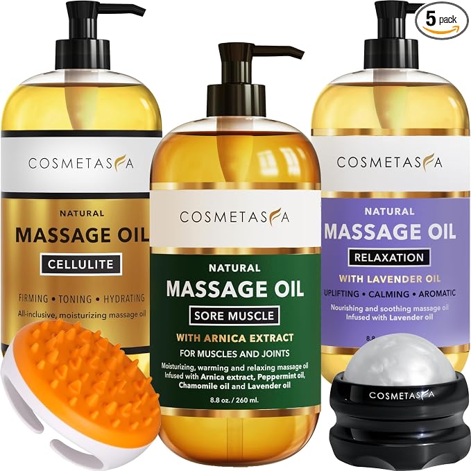 Cosmetasa Body Massage Oil Therapy Kit – Arnica & Lavender Oil for Relaxation and Sore Muscles – Includes Anti-Cellulite Oil, Roller Ball & Mitt for Firming Skin – Spa Gift Set for Women & Men
