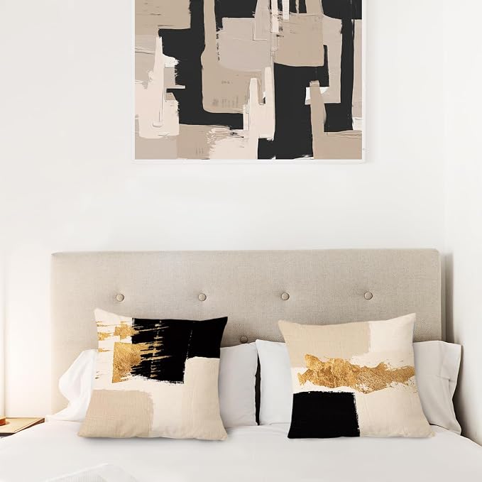 Black Beige and Gold Abstract Pillow Covers 24x24 Double-Sided, Mid Century Modern Decorative Throw Pillow Covers for Living Room Bedroom, Modern Home Decor, Black and Gold Decor, Set of 2