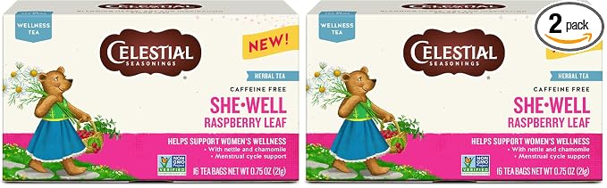 Celestial Seasonings SheWell Raspberry Leaf Wellness Tea, Caffeine Free, 16 Tea Bags Box (Pack of 2)