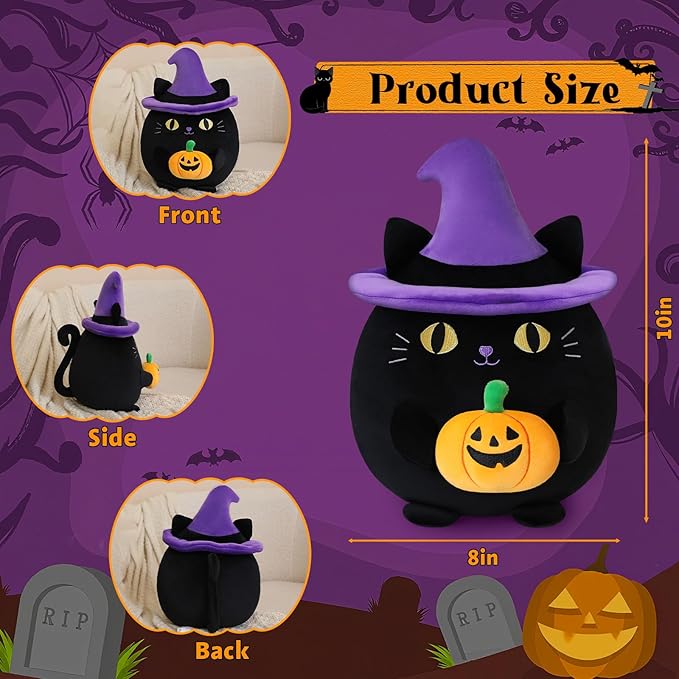 Halloween Pumpkin Cat Plush Toy, Black Cat with Pumpkin and Witch Hat for Home Decor, Halloween Party Gifts for Kid (Pumpkin Cat, 10 Inch)