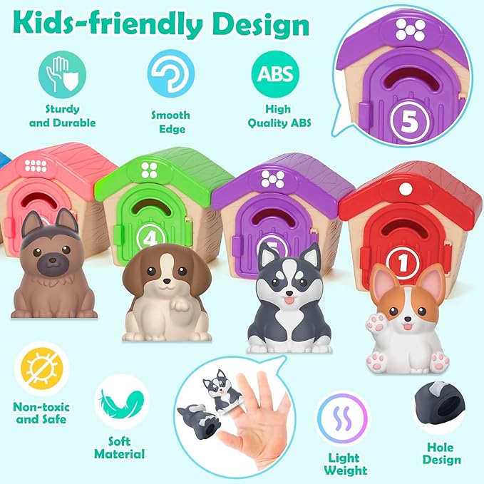 Aigybobo Learning Toys for Toddlers 1 2 3 Year Old, 20 Pcs Pet Dog Toys for Kids, Animal Counting Matching Sorting Fine Motor Educational Playset, Puppy Gifts for Baby Boys Girls Age 12-18 Months