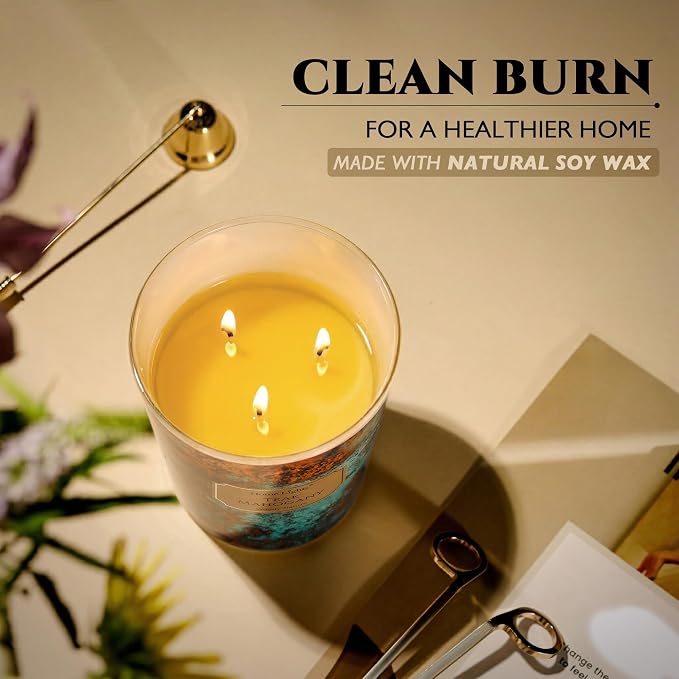 HomeLights Large jar Candle | 4-Wick Long-Lasting Scented Candles, 18oz Natural Soy Wax Candle for Home Scented, Industrial Chic Gifts for Women & Men, Teak Mahogany