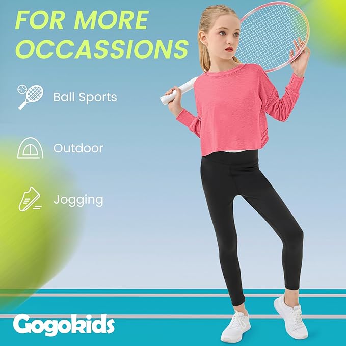Gogokids Girls Shirts Long Sleeve Athletic Shirts Open Back Tops Active Sports Tshirts Yoga Workout Crop Tees 5-14 Years