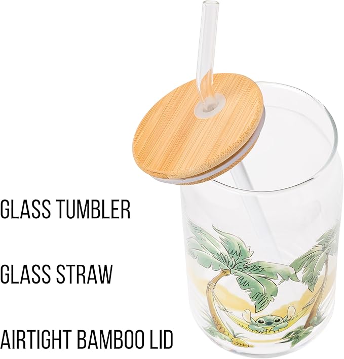 Silver Buffalo Disney Lilo and Stitch Relaxing Chilling in Hammock Island Glass Jar Tumbler with Bamboo Lid and Glass Straw, 16 Ounces (Pack of 12)