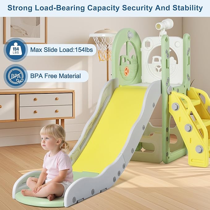 6 in 1 Toddler Playset Toddler Slide and Climber Playset, L-Shaped Kids Slide with Basketball Hoop, Telescope & Storage, Sturdy Indoor Outdoor Playground, for Boys Girls 1-3+