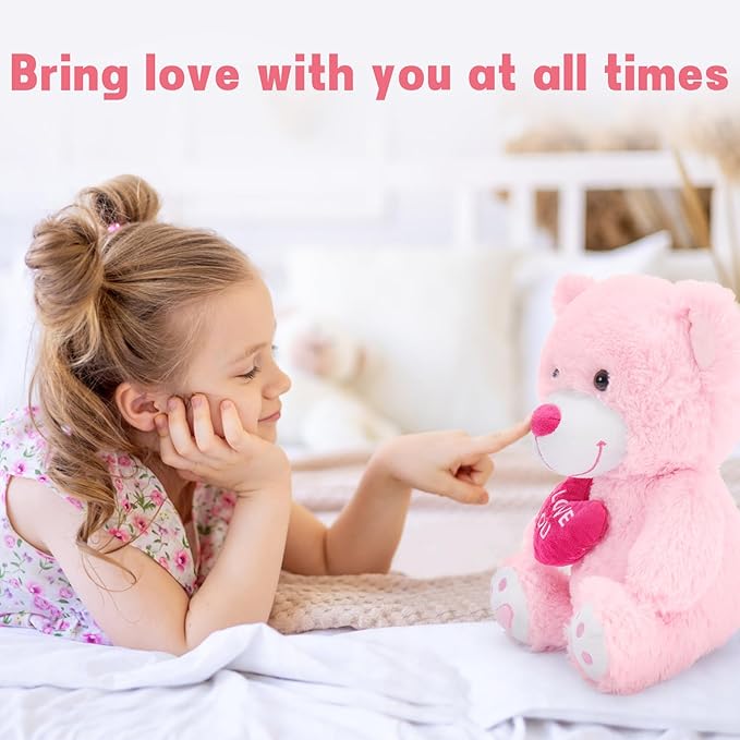 MaoGoLan Small Teddy Bear with Red Heart, I Love You Valentines Teddy Bear Stuffed Animal Pink,Velvet Red Heart Bear Gift for Kids,Girlfriend,Wife,12"