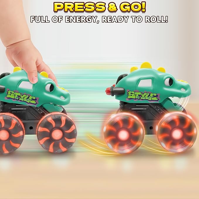 Green Dino Monster Truck – LED Light-Up Press and Go Toy Car for Toddlers Age 2 3 4 5 – Dinosaur Truck with Flashing Wheels and Chomping Mouth for Boys and Girls