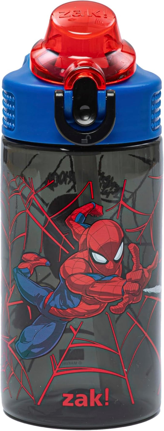 Zak Designs Marvel Sage Kids Water Bottle For School or Travel, 16oz Durable Plastic Water Bottle With Straw, Handle, and Leak-Proof, Pop-Up Spout Cover (Spider-Man)