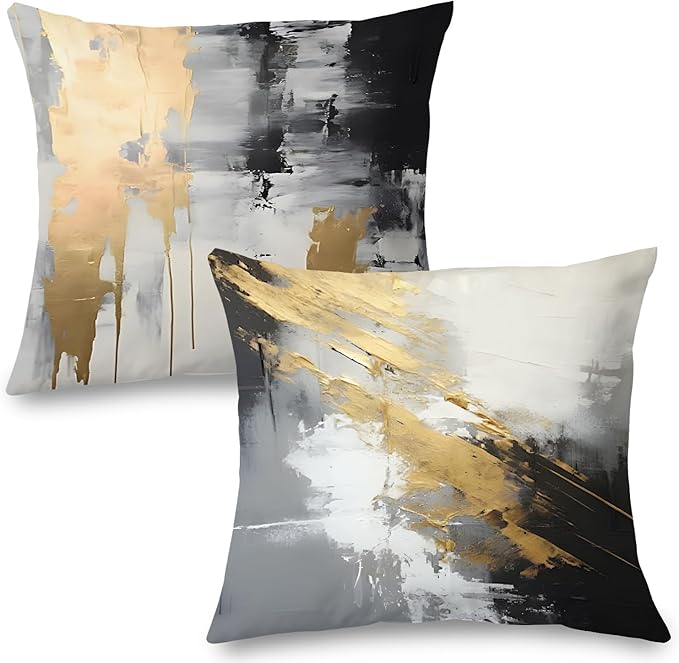 Black and Gold Pillow Covers, Decorative Pillow Covers for Couch Bed Living Room, Abstract White Black and Gold Pillow Covers 22x22 Set of 2